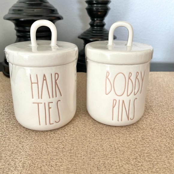 New Rae Dunn BOBBY PINS/ HAIR TIES Loop Canister Ceramic Set - Picture 3 of 6
